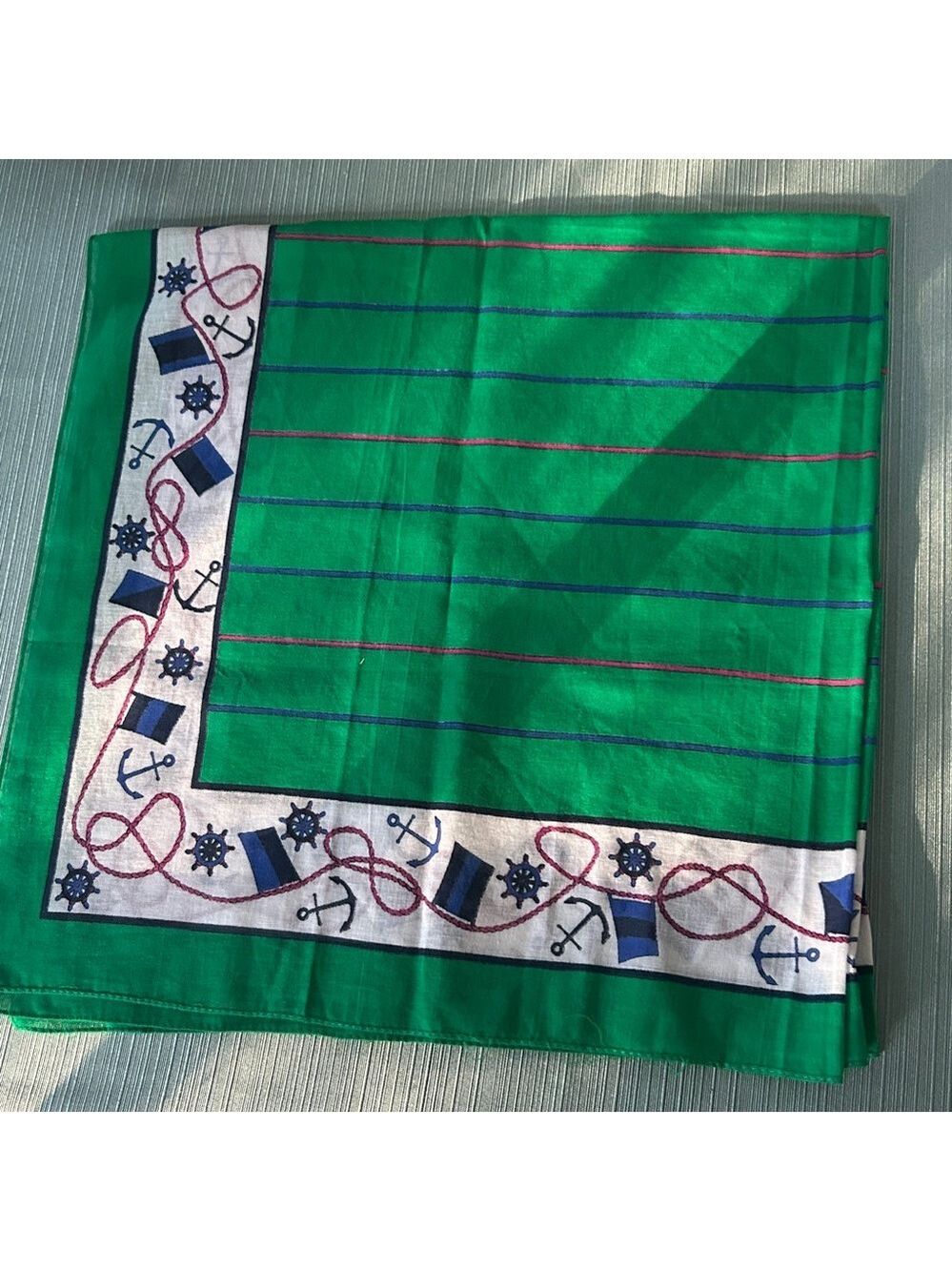 Green Stripe Nautical 100% Cotton Vintage XL Scarf Boat Hair I Don’t Care EUC